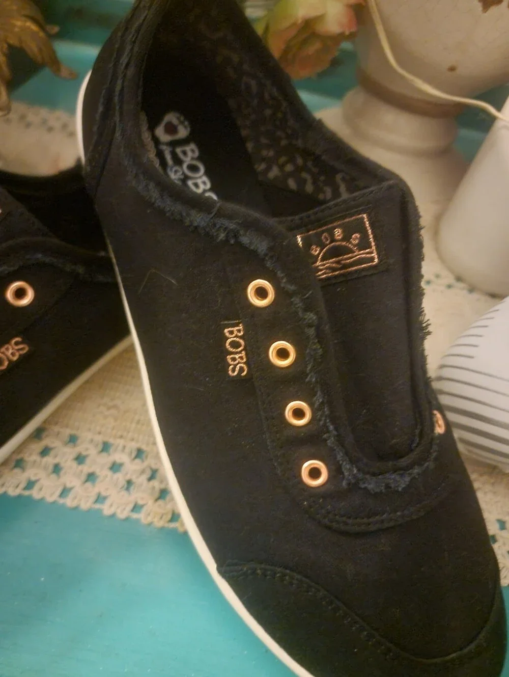 Mens BOBS Skechers Black Slip-On Sneakers with Rose Gold Eyelets